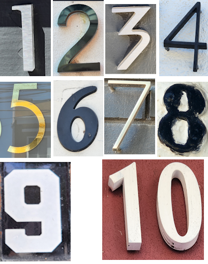 A series of house numbers counting from 1 to 10