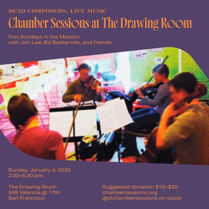 Four musicians play string instruments in a brightly lit room, with event details for a chamber music session overlaid on the image.