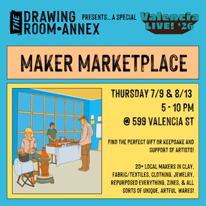 Flyer for Maker Marketplace event at The Drawing Room Annex, listing dates, times, location, and details, with an illustration of people browsing handmade goods at vendor tables.